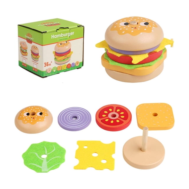 Fesfesfes Wooden Realistic Hamburger Sandwich Stacking Matching Kitchen Utensils Pretend Play Educational Toy Interactive Learning
