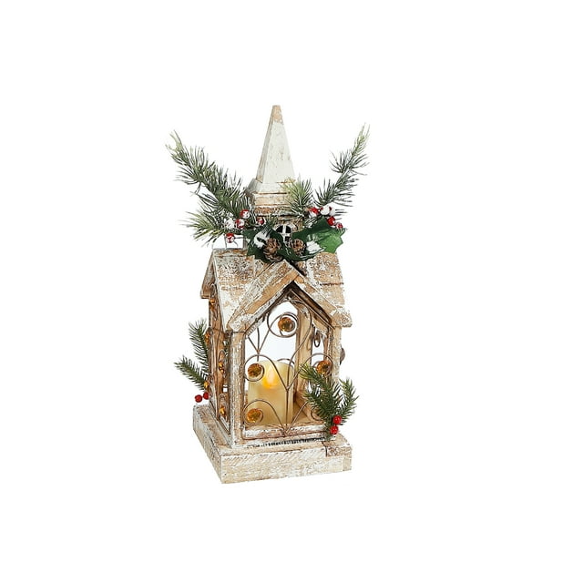 Rustic wooden bell tower lantern featuring an LED candle, adorned with pine sprigs, red berries, and small pine cones for festive decor.