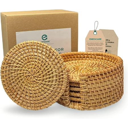 

Handmade Natural Rattan Coasters for Drinks Wicker Boho Coasters Woven Coasters for Drinks | Heat Resistant Reusable Saucers Round Straw Trivet for Teacup Set of 6 with Holder