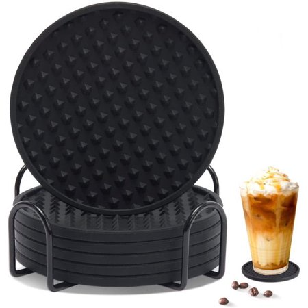 

Silicone Coasters 6 Pack Coasters for Drinks for Coffee Table with Holder for Coffee Table with Holder Cup Desk Bar Office (Black)