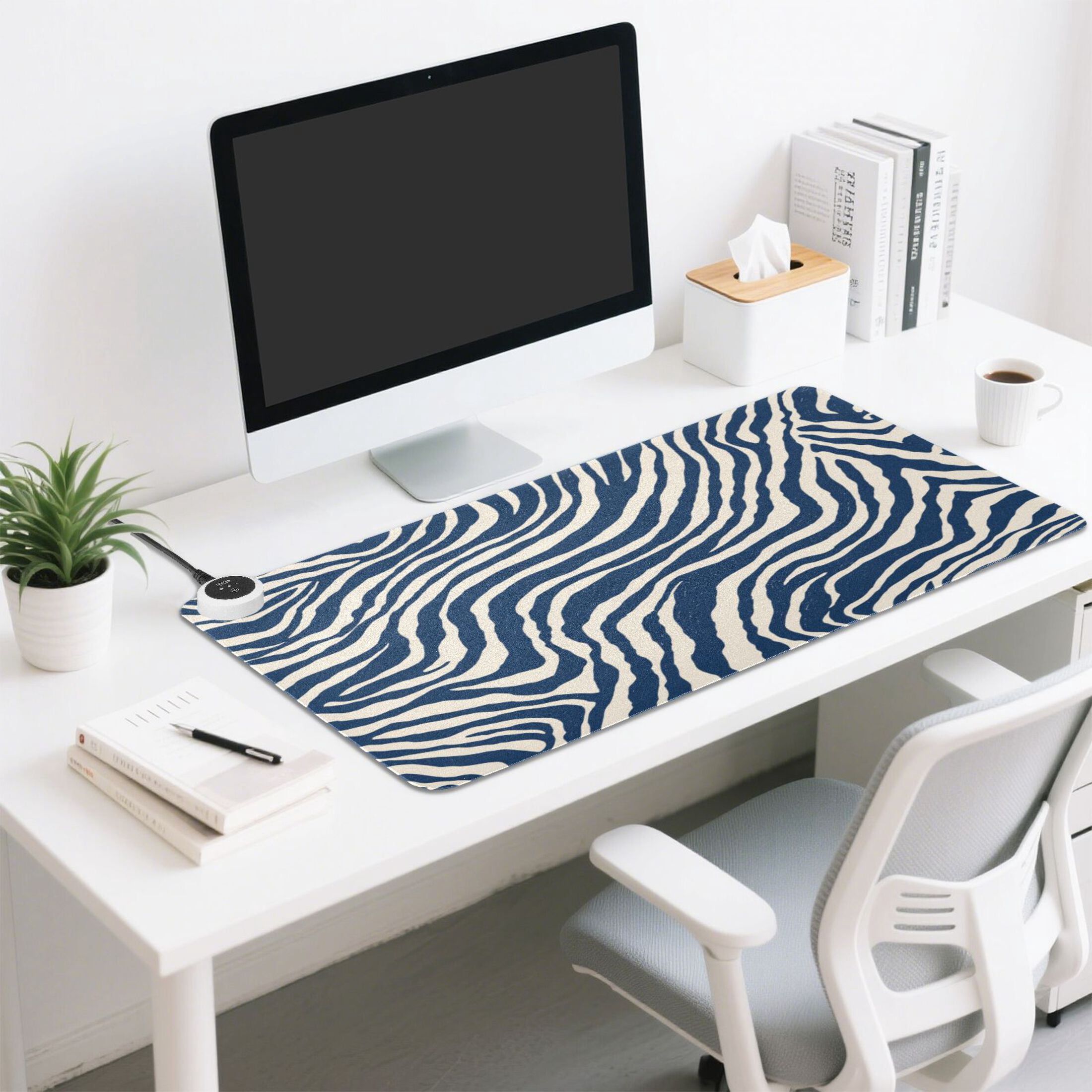 Large Heated Desk Mat Mouse Pad 31.5"x13"PU Leather Graphene Heating Desk Warmer with 3 Temperature Settings 110V US Plug Non-Slip Warm Pad for Home, Office, and Gaming Digital Blue Zebra Stripes