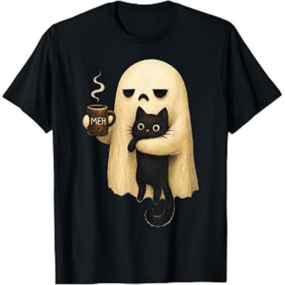 Meh Ghost Cat Spooky Black Cat, Halloween Coffee Lover, Funny Graphic, Short Sleeve T-Shirt