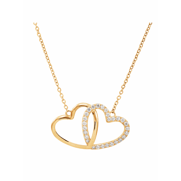 Women's Finecraft Interlocking Hearts Pendant Necklace with Cubic Zirconias in 10kt Yellow Gold, 17.5"