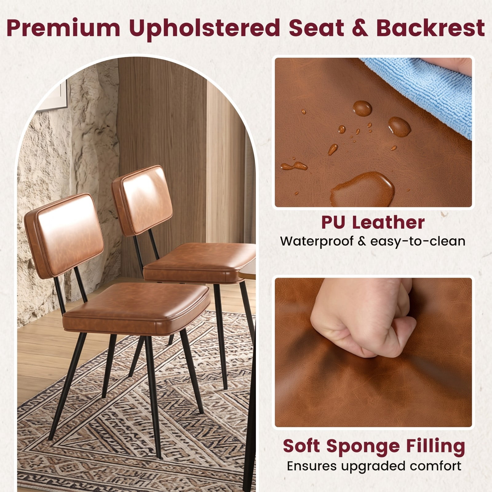Furnibear Dining Chairs Set of 2, Upholstered PU Leather Kitchen Chairs with Padded Backrest and Cushioned Seat, Metal Tapered Legs Side Chairs for Dining Room, Brown