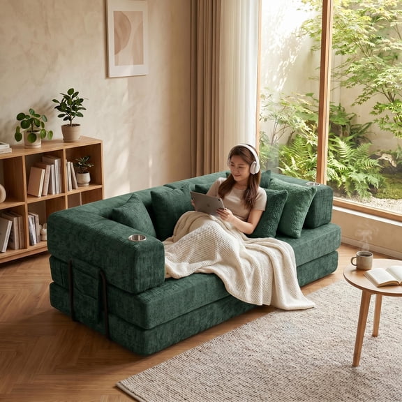 5-in-1 Convertible Sofa Bed, 79-Inch Corduroy Floor Sofa with 4 Pillows & 2 Cup Holders, Armless Deep Seat Cushion, Ideal for Living Room, Apartment and Small Spaces, Green