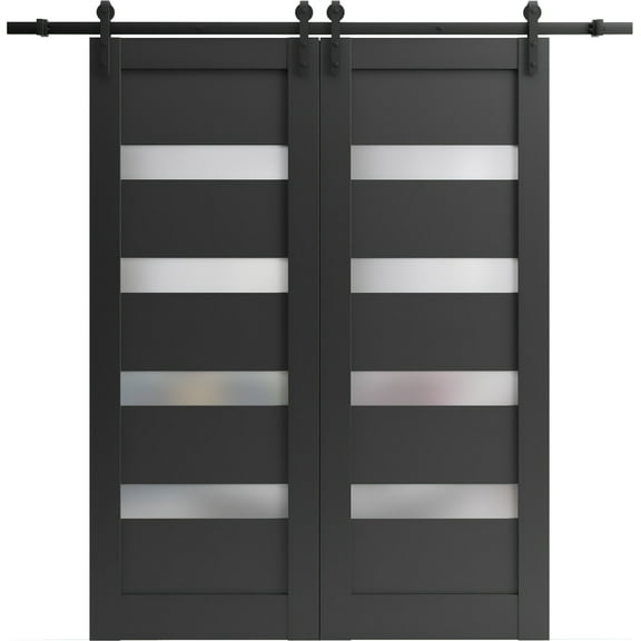 Sturdy Double Barn Door 48 x 80 inches | Quadro 4113 Matte Black Frosted Glass | 13FT Rail Hangers Heavy Set | Solid Panel Interior Doors