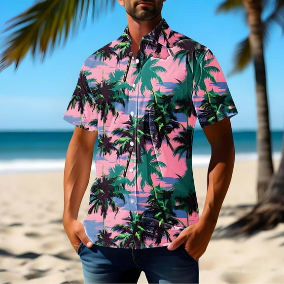 Handshe Men's Hawaiian Shirt Tops Vintage Short Sleeve Button Down Beach Shirt Male Tropical Floral Summer Pullover Party Holiday