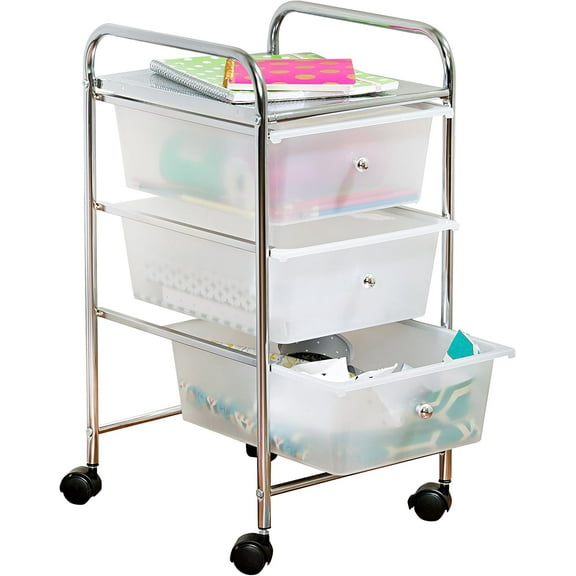 Three Drawer Plastic Storage Cart with Wheels, Silver