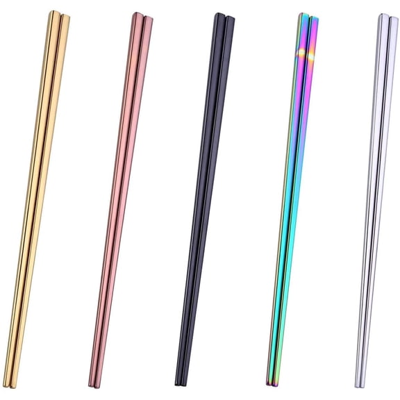 stainless steel chopsticks - 5 pairs multicolor reusable dishwasher safe metal chopstick - lightweight non-slip 304 stainless steel chop sticks - easy to use and clean (no color fading)
