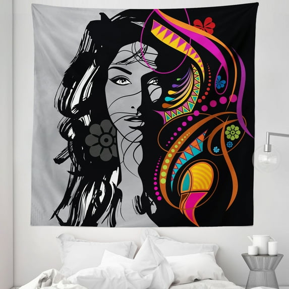 Youth Tapestry, Woman with Black Hair Floral and Geometric Ornaments Glamor Femininity, Fabric Wall Hanging Decor for Bedroom Living Room Dorm, 5 Sizes, Multicolor, by Ambesonne