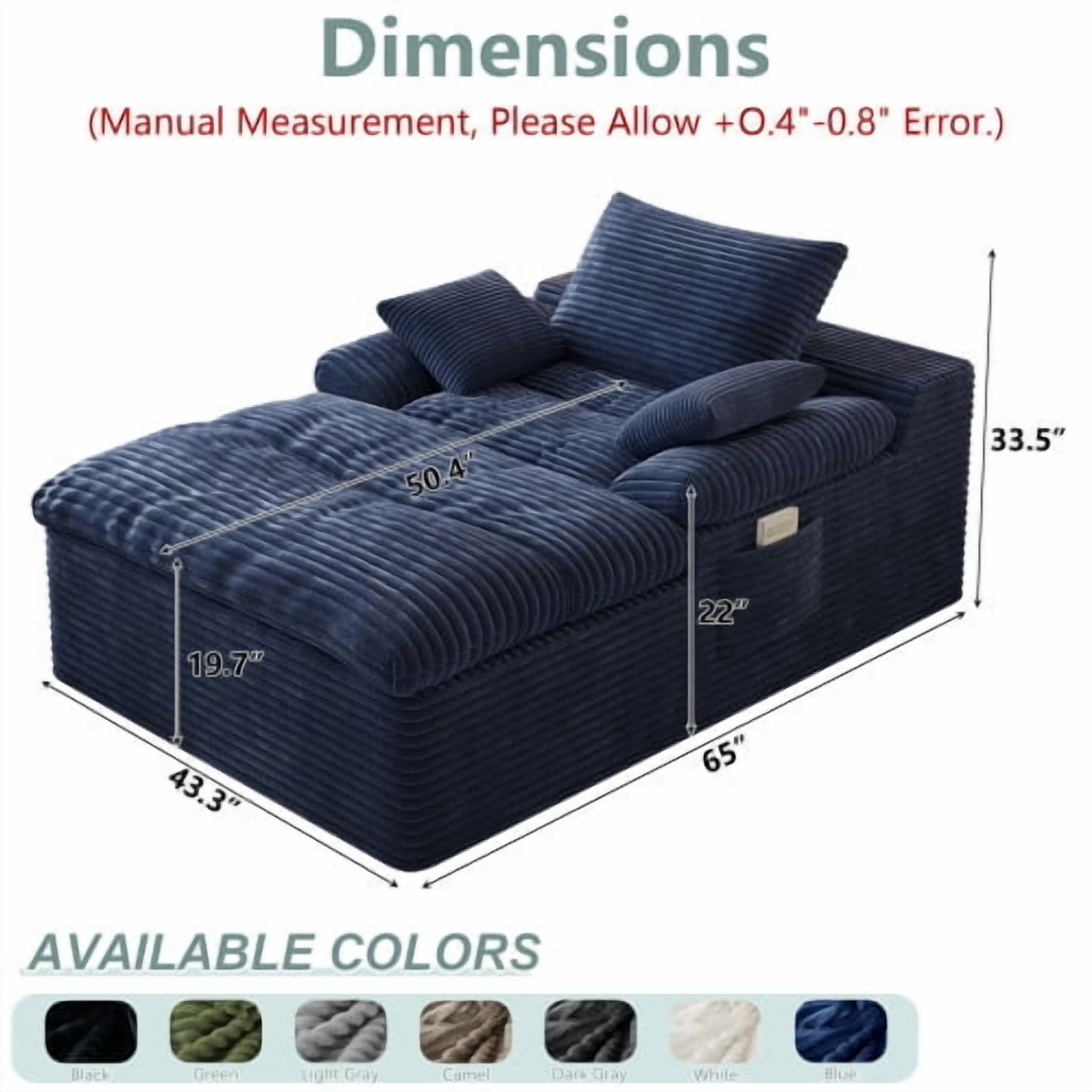 Leumius Oversized Chaise Lounge Chair Indoor,Corduroy Upholstered Sofa Bed with Deep Seat,Cozy Lounge Chair Sleeper Sofa for Living Room,Bedroom,No Assembly Required,Aged Blue