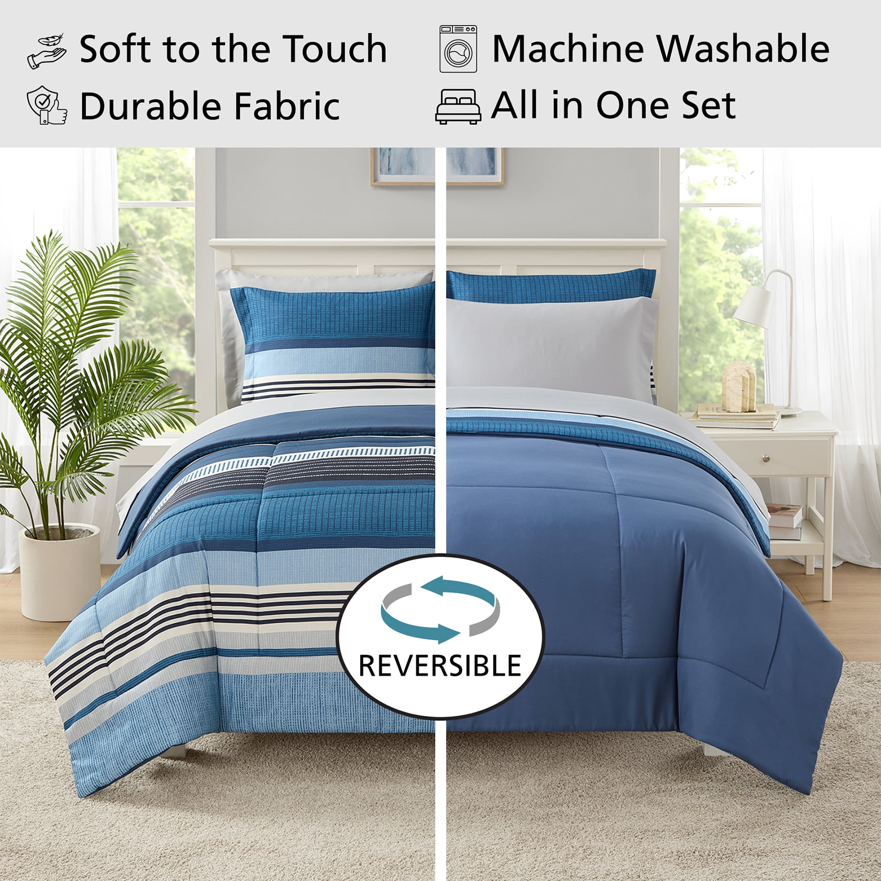 Mainstays All in One Reversible Comforter and Sheet set- 7 Piece, Full, Blue Stripe