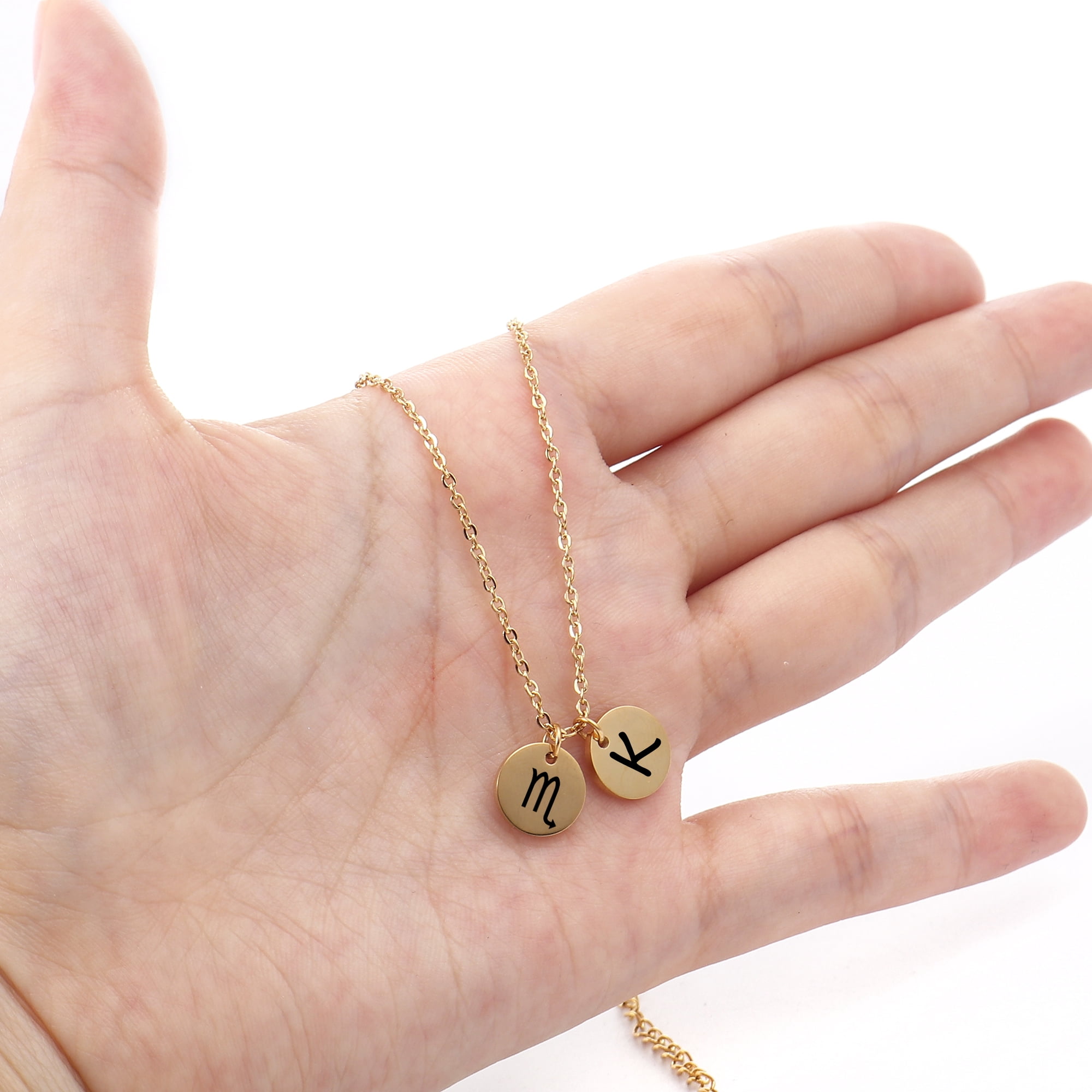 Personalized Round Constellation Initial Necklace - Engraved Zodiac Symbol Jewelry - Christmas Gift for Her - Stainless Steel - 18" Chain - Gold Scorpio
