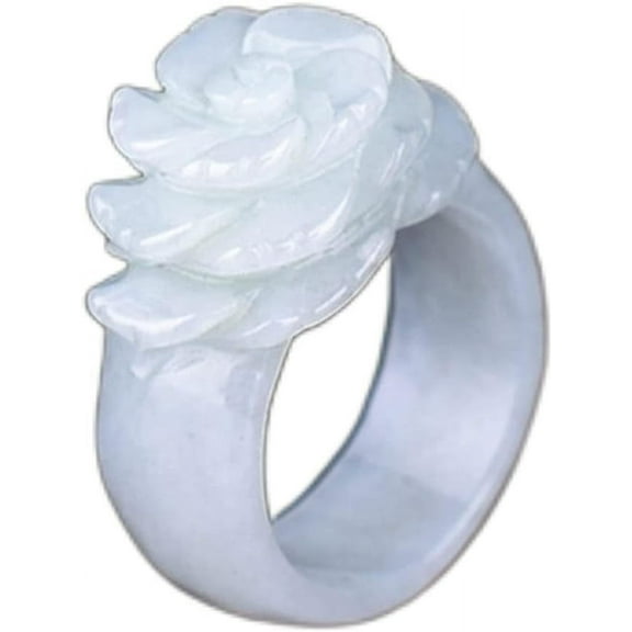 Luxury Hand-Carved Jade Stone Ring for Women, Featuring an Emerald Rose Flower Design, in White, Size 10