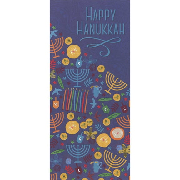 Designer Greetings Colorful Flowers, Candles and Menorahs on Dark Purple Money Holder / Gift Card Holder Hanukkah Card