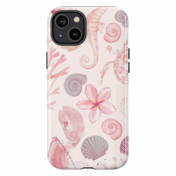 Pink Sea Life Dual Layer Phone Case – Cute Coral & Shell Design for iPhone 16 15 14 13 12 11 Pro Max