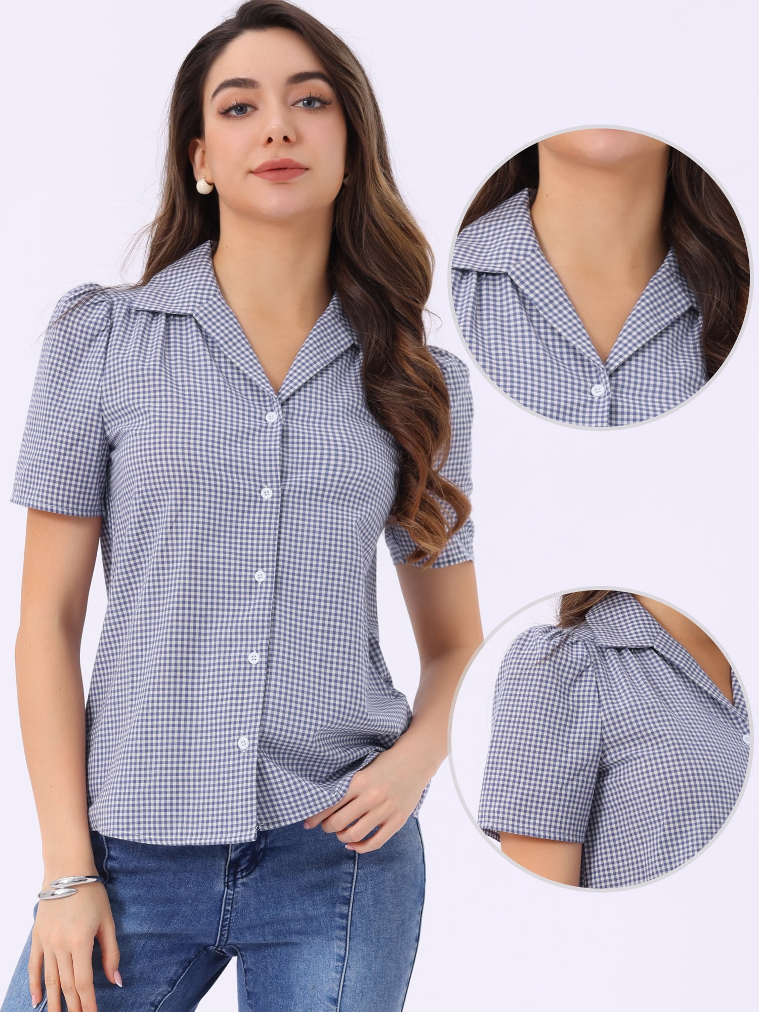 DARING DIVA Women's Plaid Puff Sleeves Vintage Gingham Blouses XS Purple
