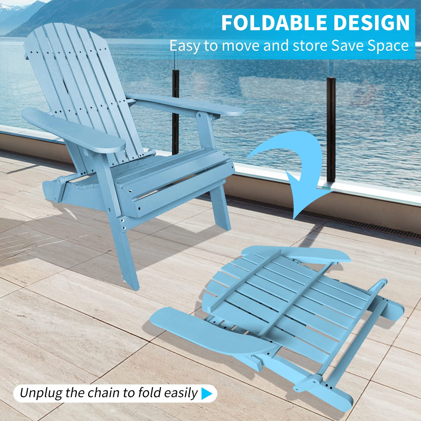 BIQWBIC Folding Adirondack Chair, Solid Wood Fire Pit Chairs with Wide Armrests, All-Weather Outdoor Patio Lawn Garden Chairs, 350 Lbs Capacity, Easy to Install, Turquoise