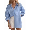 thumbnail image 1 of Womens Striped Oversized Button Down Shirts Long Sleeve Collared Blouses Shackets for Women Blue S, 1 of 9