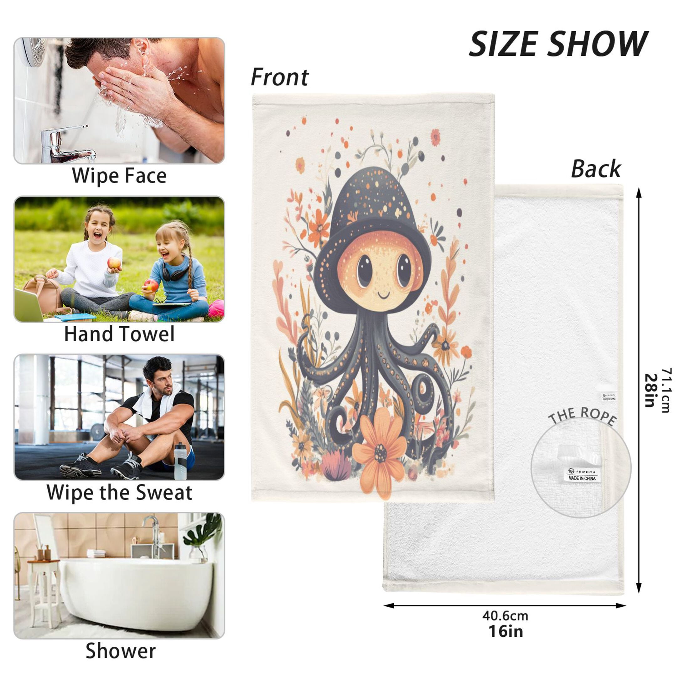 Cotton Towel Two-Piece 16x28 Inch One Sizex2 Face Towel Set Towel Set Cotton Hand Bath Towel Bathroom Beach Super Cute Black Octopus