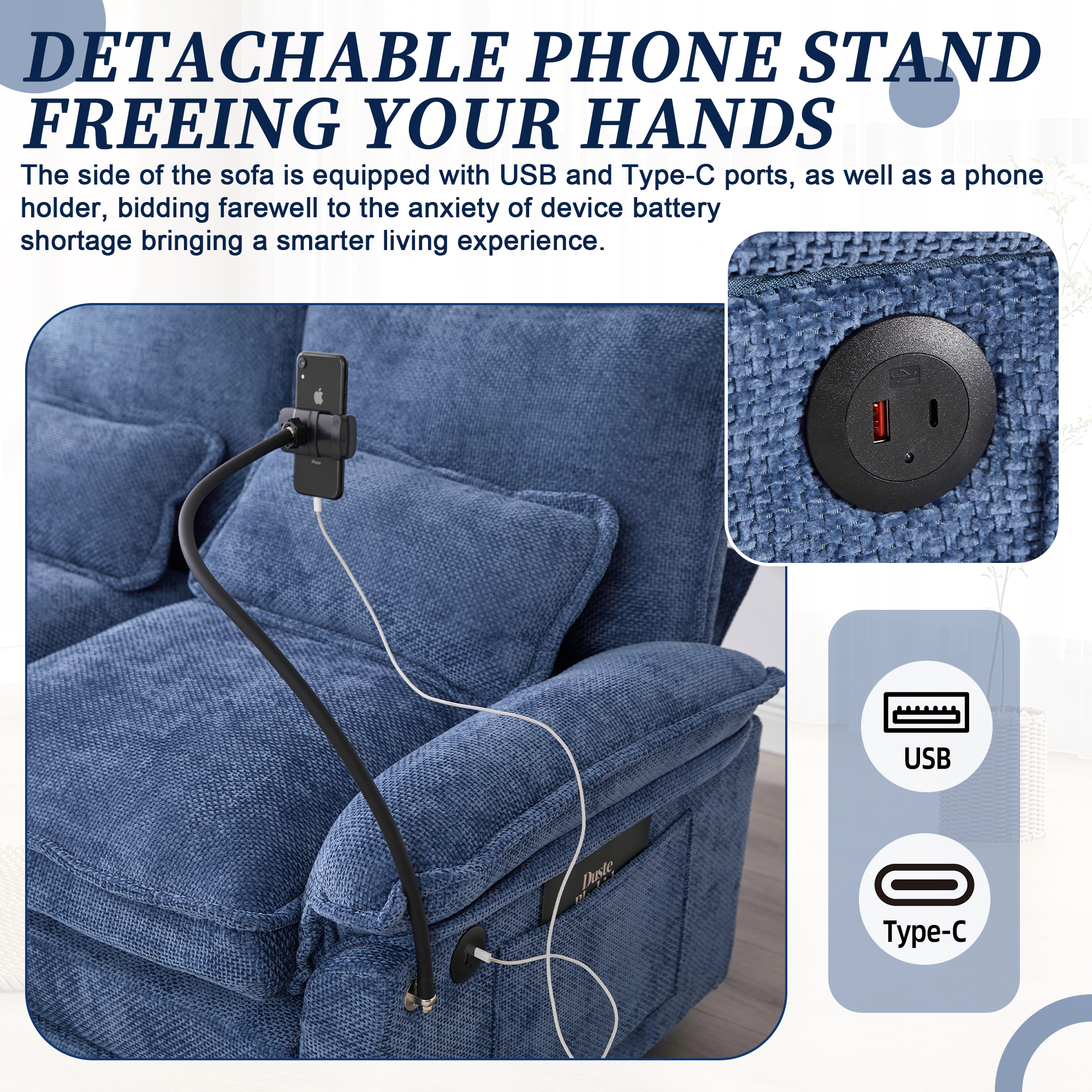 MOONMISS Chenille Upholstered Oversized U-shaped Comfy Modular Sectional Sofa with Storage Ottoman-Navy Blue