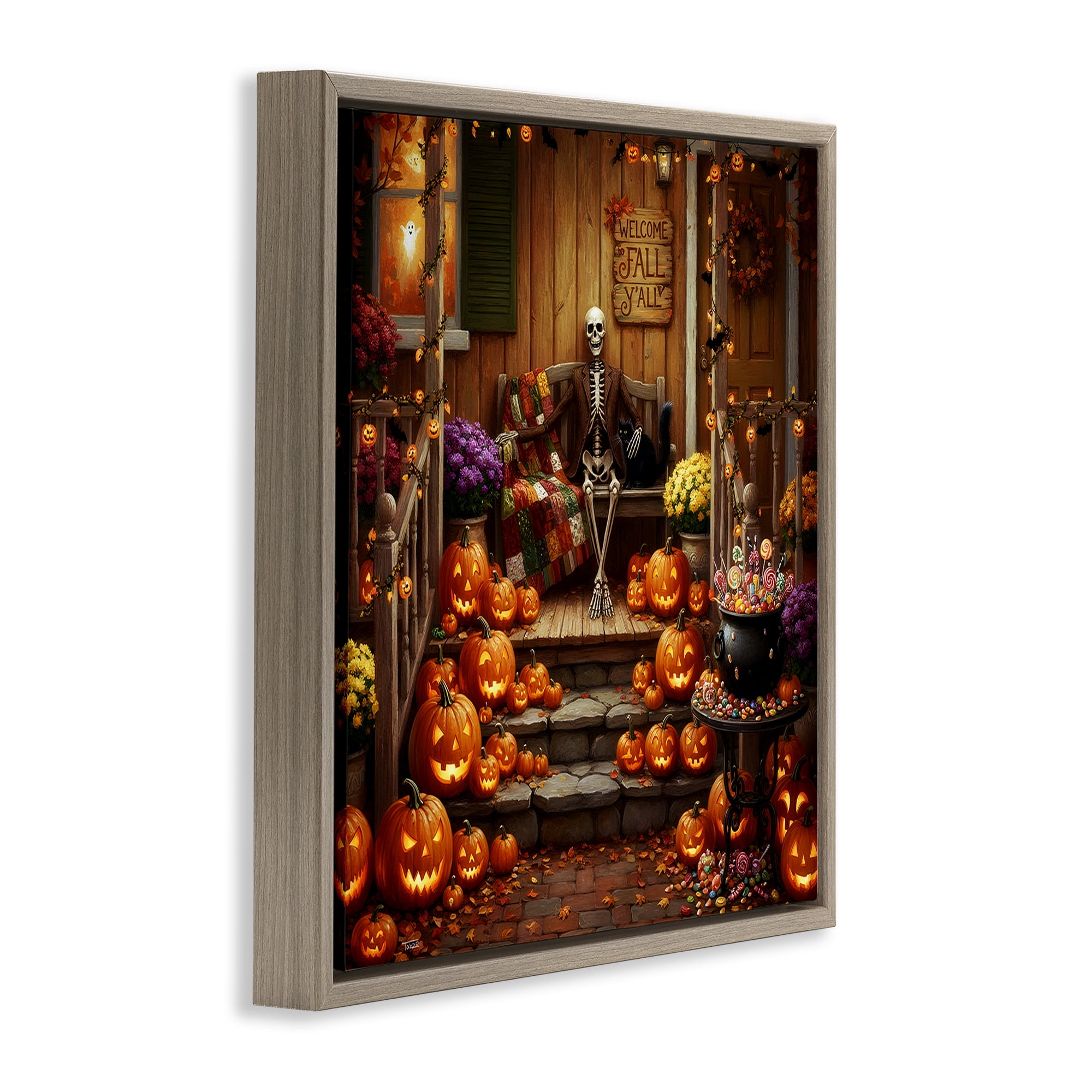 Stupell Industries Welcome To Fall Skeleton Porch Brown Framed Floater Canvas Wall Art, design by Tabz Jones
