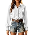 thumbnail image 2 of ClodeEU Women Lapel Long Sleeve Button Down Shirts,Casual Loose Blouse White,Women's Plus M, 2 of 9