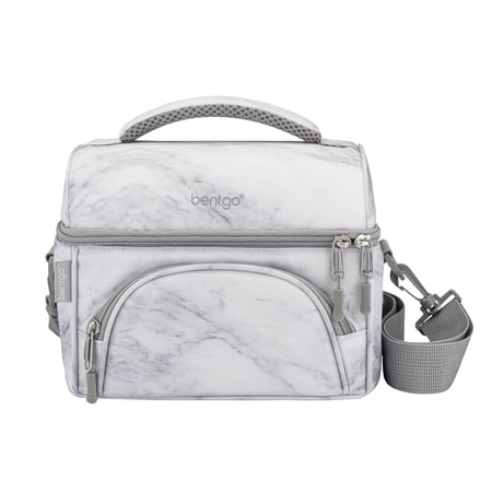Bentgo® Deluxe Lunch Bag - Durable and Insulated Lunch Tote with Zippered Outer Pocket Internal Mesh Pocket Padded & Adjustable Straps & 2-Way Zippers - Fits Most Bentgo Lunch Boxes (White Marble)