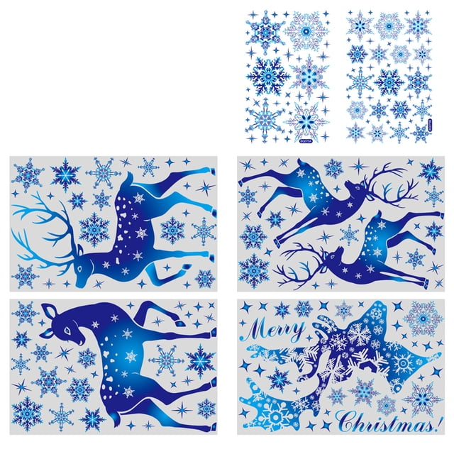 Etiqueta engomada azul del alce del copo de nieve de la Navidad para el partido Etiqueta engomada desprendible de la decoración de la ventana de cristal de la Navidad
