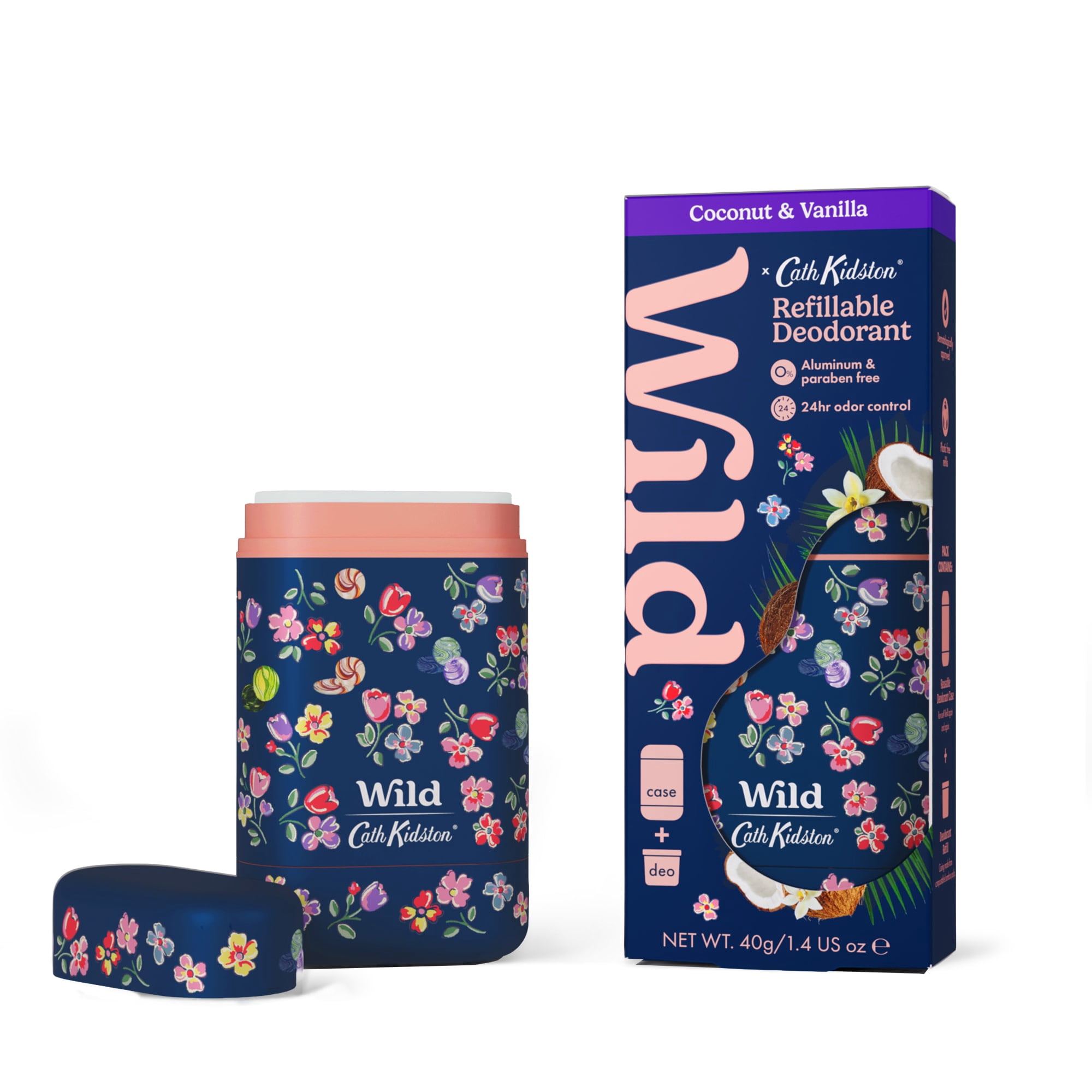 Wild Refillable Deodorant Starter Pack – Aluminum Free. Cath Kidston Marble Ditsy Case + Coconut & Vanilla Refill, for Women and Men, 1.4oz