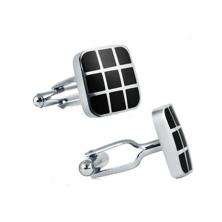 - Mens Classic Stainless Steel Cufflinks with Black Enamel