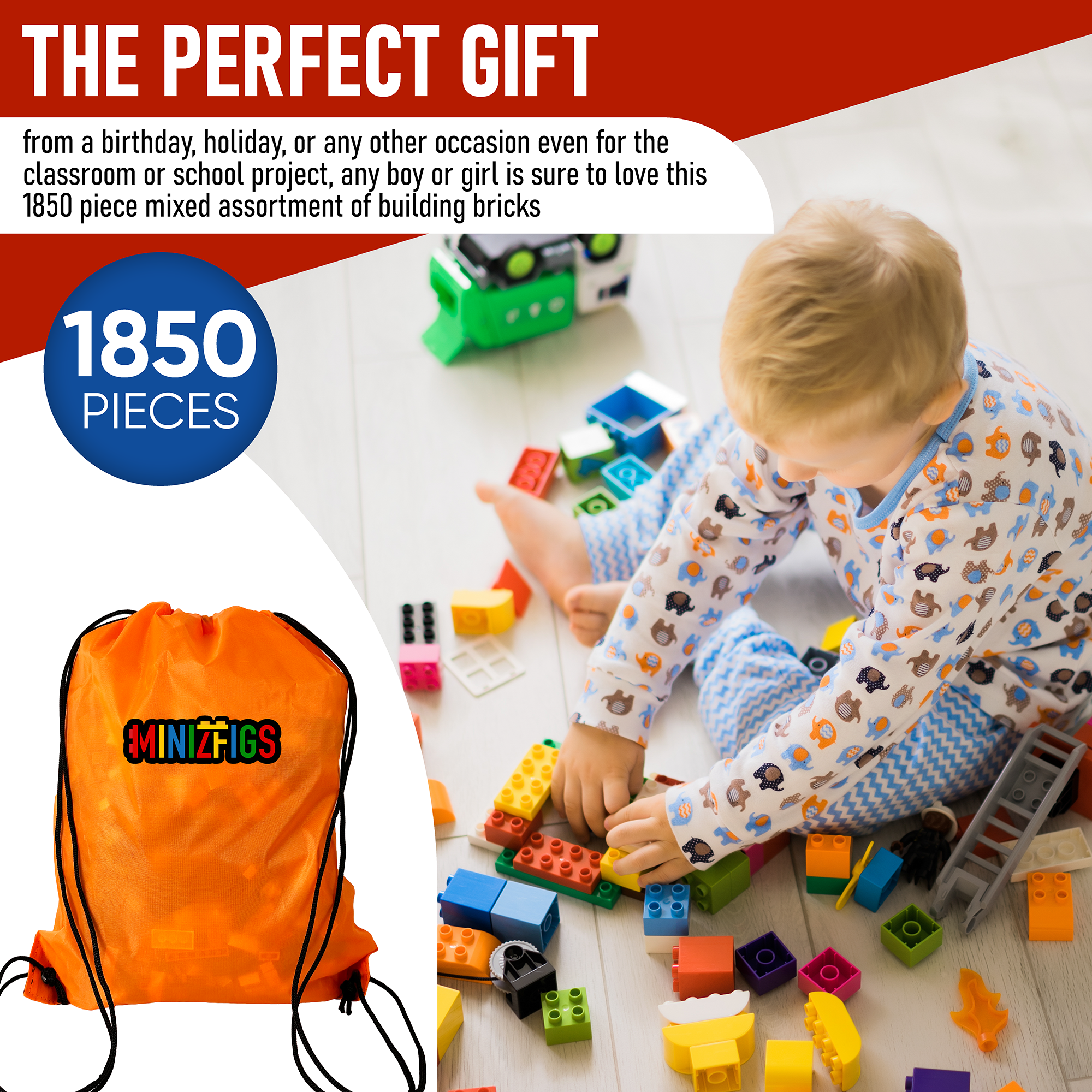 Minizfigs 1850 PCS Classic Building Brick Set | 4.6 Pounds | Creative Bulk Assortment Basic Toy Building Blocks for Kids, 11 Colors, 100% Compatible with All Major Brands | Bonus Storage Bag