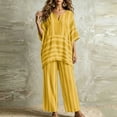 thumbnail image 5 of Women Sets Summer Ndbuld Women’s Fashion Pinstripe V- Neck Short Sleeve Elastic Waist Pocket Long Pants Sets Yellow XL, 5 of 5