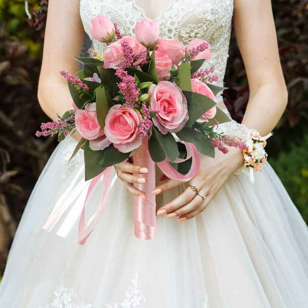 Ramo de novia de rosas artificiales para boda - Ramo de flores de seda de 26 cm con lazo, rosa, azul, morado y blanco - Ramos para novia y dama de honor, regalo de San Valentín, decoración del hogar
