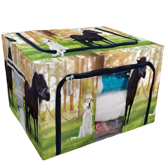 ECZJNT golden retriever dog cowboy hat holding pony leash Storage Bag Clear Window Storage Bins Boxes Large Capacity Foldable Stackable Organizer With Steel Metal Frame For Clothes,Closets, Bedrooms