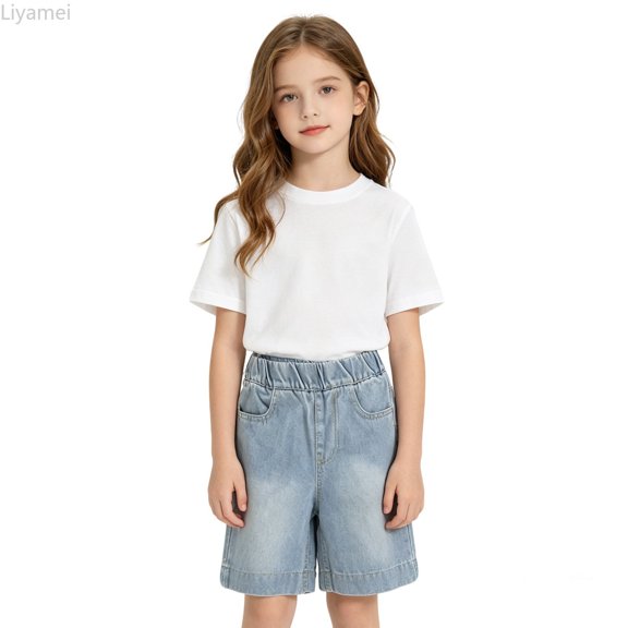 Liyamei Girls Mid Length Denim Shorts with Straight Leg for Summer Size 2-14,Blue