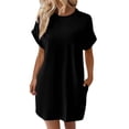 thumbnail image 1 of vestido de manga corta suelto con bolsillo y cuello redondo de color sólido a la moda para mujer negro / l, 1 of 8