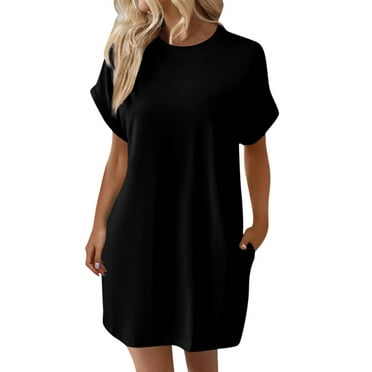 LISTHA T Shirt Dress Women Solid Color Loose Short Sleeve T Shirt Crew Neck Spring Mini Dresses 2025 Summer Dress with Pockets Black 2XL