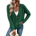 thumbnail image 1 of Cárdigan para mujer, suéter con frente abierto, cuello en V, botón de una sola fila, Color puro, manga larga, Top de punto, verde oscuro L, 1 of 6