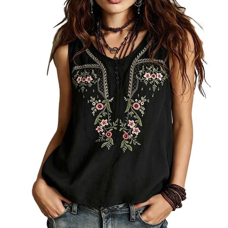 トップス Embroidered Camisole Top 25SS black Pumxq Women's Floral Embroidered Tank Top Cotton Linen Blend