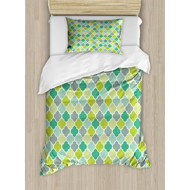 Teal Duvet Cover Set Twin Size, Traditional Moroccan Cultural Pattern Trellis Quatrefoil Motif in Vibrant Colors Retro, Decorative 2 Piece Bedding Set with 1 Pillow Sham, Multicolor, by Ambesonne