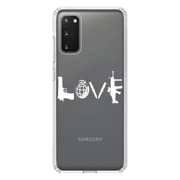 DistinctInk Clear Shockproof Hybrid Case for Galaxy S20 / S20 5G (6.2" Screen) - TPU Bumper Acrylic Back Tempered Glass Screen Protector - Love Guns