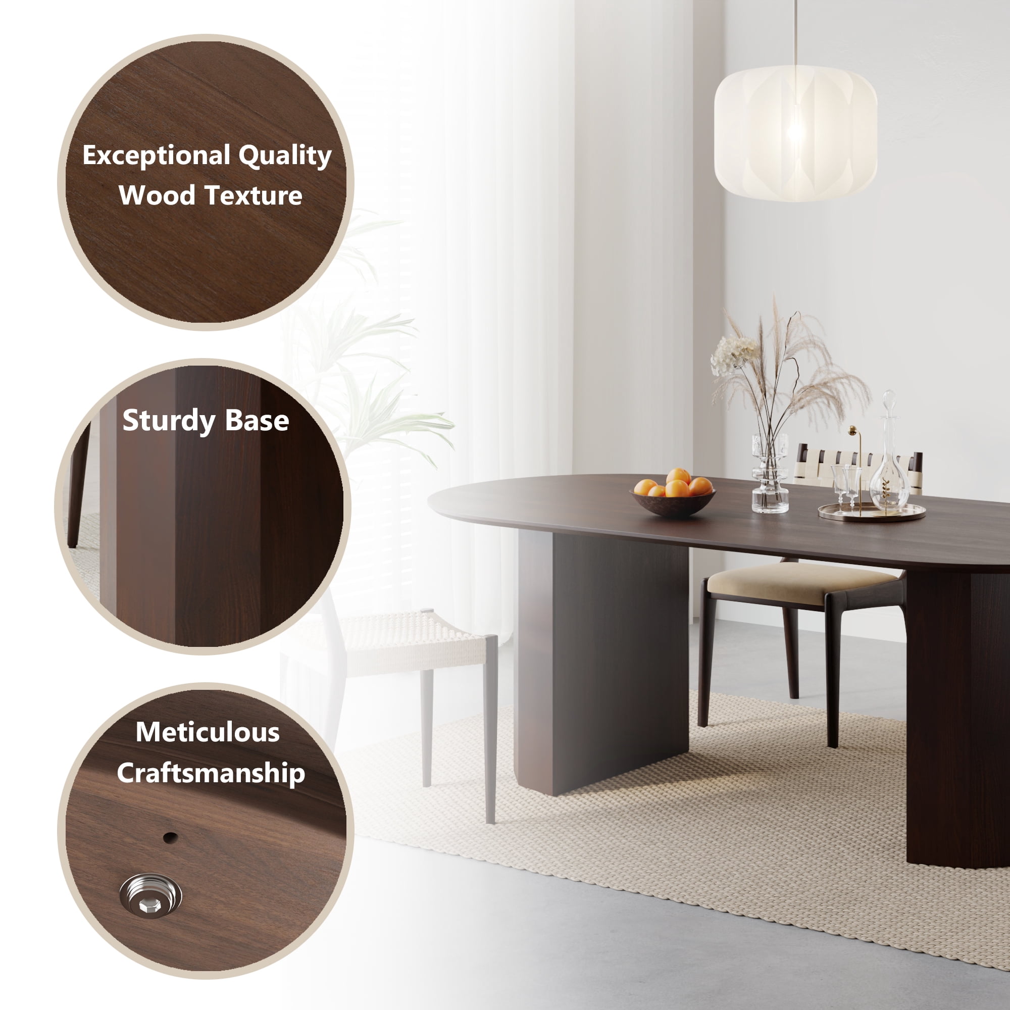 MAYEERTY Modern 79*33.5*30" Oval Walnut Dining Table with Beveled Edge Top & Polygonal Cylinder Split Base