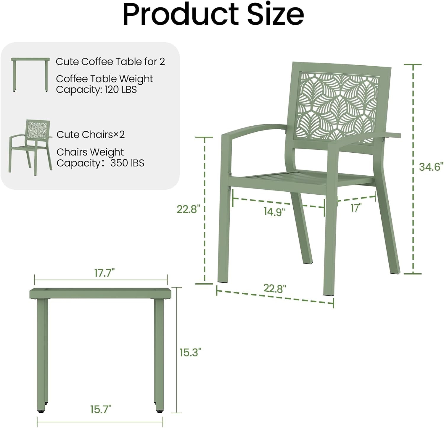 3 Piece Patio Bistro Set, Outdoor Steel Furniture Set, Stackable Modern Conversation Sets for Balcony Garden Deck Patio w/2 Chairs 1 Table, Sauge Green