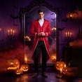 thumbnail image 2 of Mens Tailcoat Gothic Tuxedo Steampunk Jacket, Medieval Halloween Costume with Gold Trim, Retro Victorian Frock Coat for Cosplay Party 1 Pcs Red L, 2 of 3