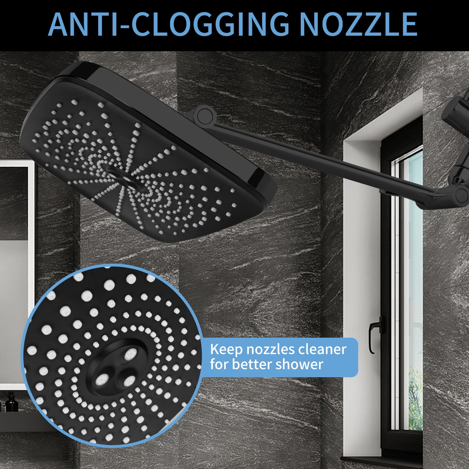 PHANCIR 12 Inch Rain Shower Head Combo, High Pressure Rainfall with Ajustable Extension Arm, 7 Modes Handheld Showerhead for Bathroom, Black