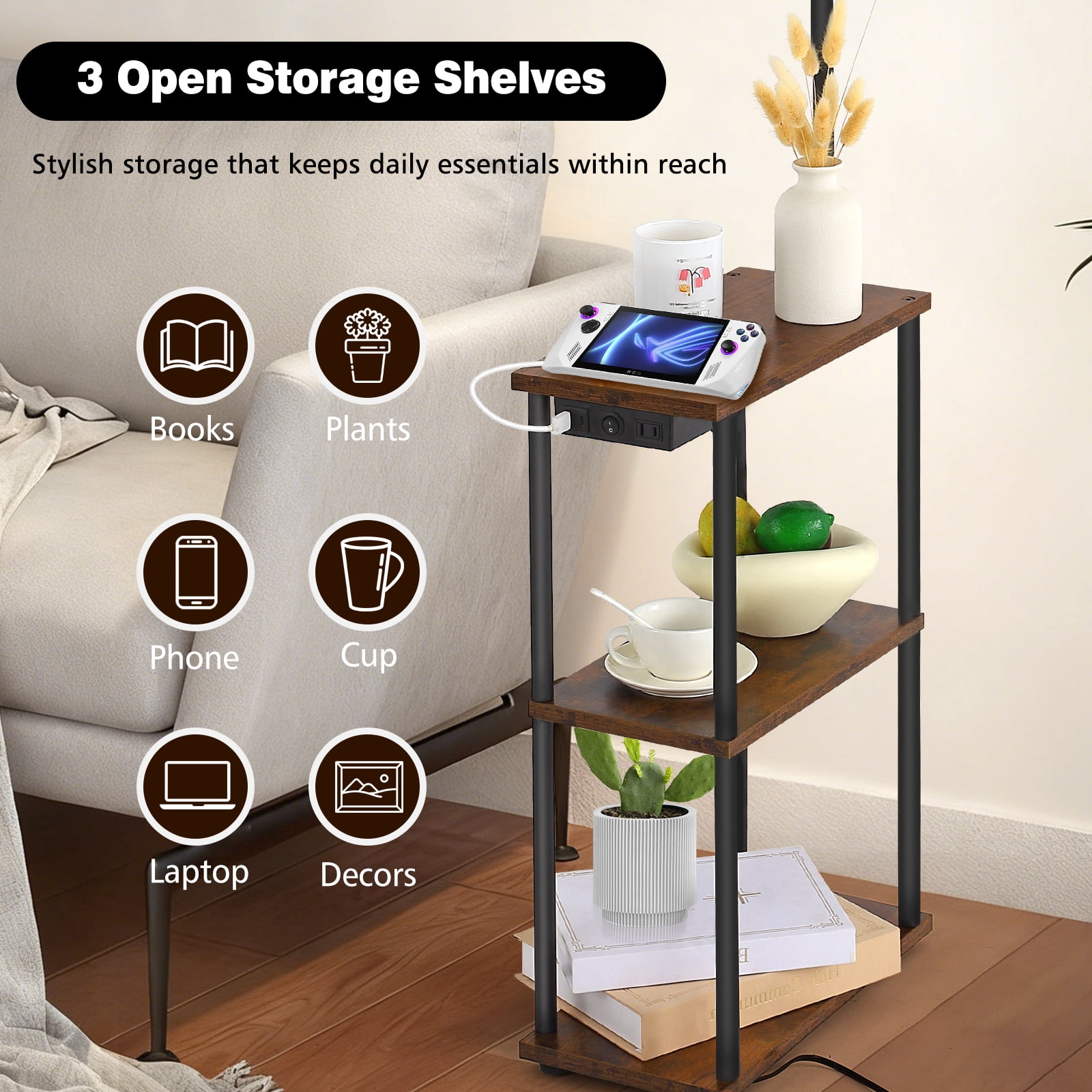 JOPESO Floor Lamp with Table, End Table for Living Room with Lamp & Charging Station(USB & Type-C & AC Port), 3 Color Temperatures LED Bulb