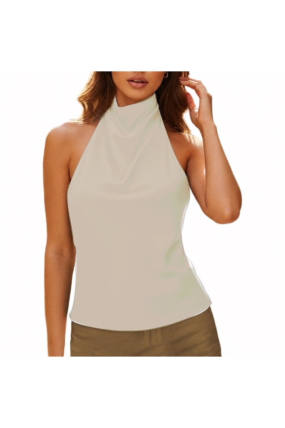 Women Backless Halter Tops Cute High Neck Satin Tank Tops Open Back Going Out Tops Beige L