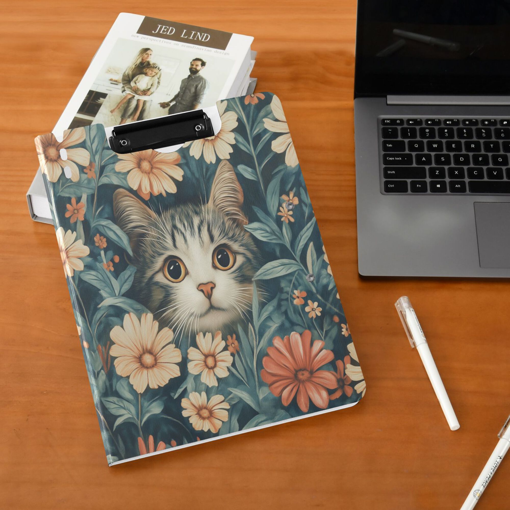 FORMRS A4 Clipboard Folder with Pen Holder Horizontal Foldable School Office Binder, Flowers Cat