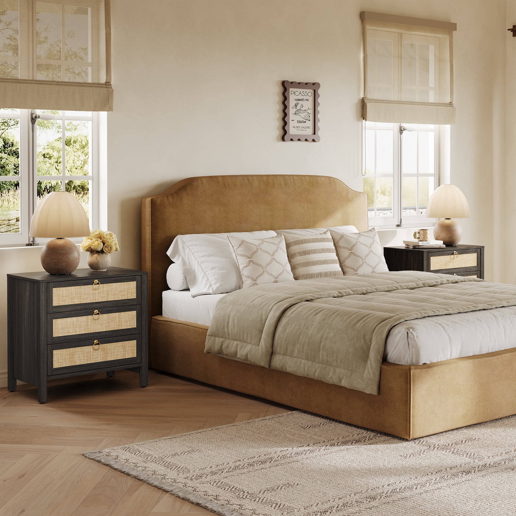 SICOTAS 26.78"W Black Nightstand 3 Drawer Dresser Set of 2, Boho Night Stands Large Nightstand with 3 Drawers, Rattan Beside Table 25.67" Tall End Table for Bedroom Enterway Living Room